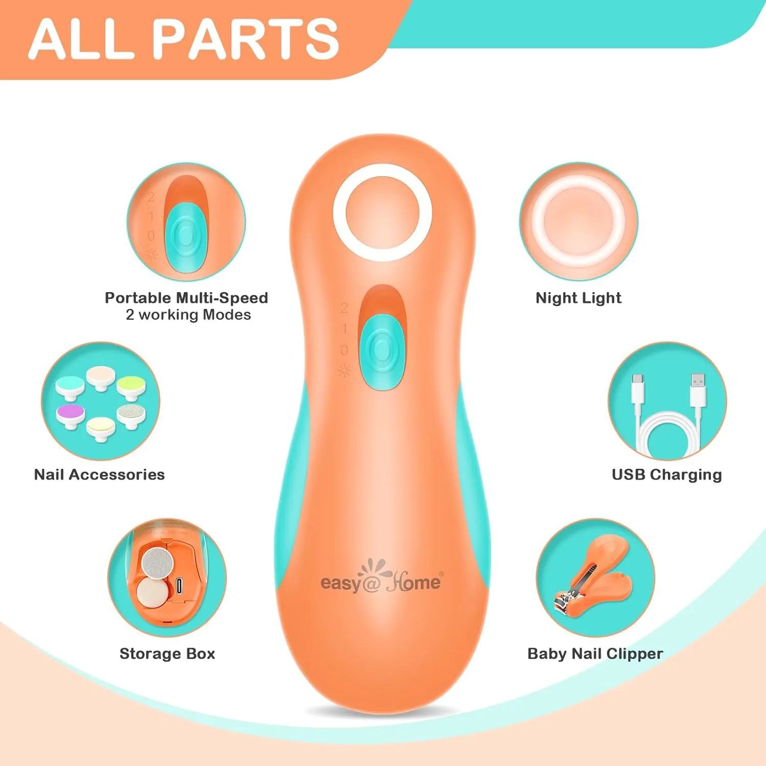 Electric Baby Nail File Trimmer: Easy@Home Safe Nail Clippers Kit - Baby Nail Clippers with 6 Grinding Heads and LED Light for Newborn Toddler Kids or Adults | Fingernails Care Trim ENT019