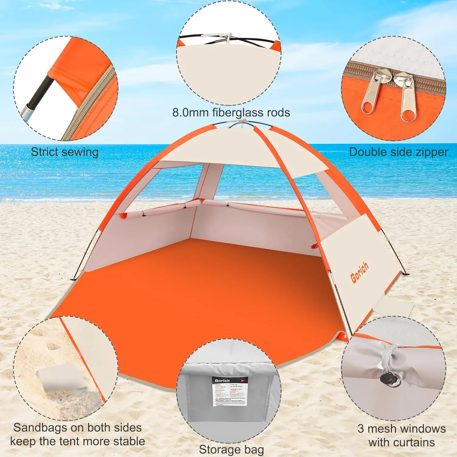 Gorich Beach Tent Sun Shelter for 3/4-5/6-7/8-10 Person with UPF 50 UV Protection, Lightweight & Easy Setup Beach Shade Canopy, Portable Beach Shade Tent Beach Cabana