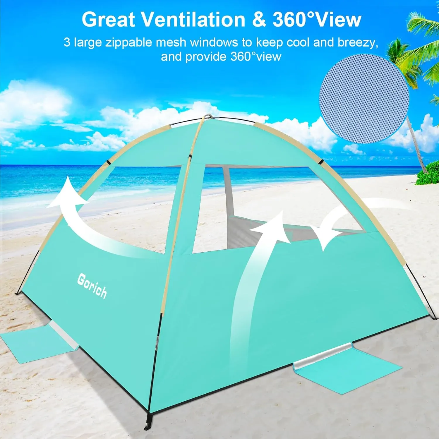 Gorich Beach Tent Sun Shelter for 3/4-5/6-7/8-10 Person with UPF 50 UV Protection, Lightweight & Easy Setup Beach Shade Canopy, Portable Beach Shade Tent Beach Cabana