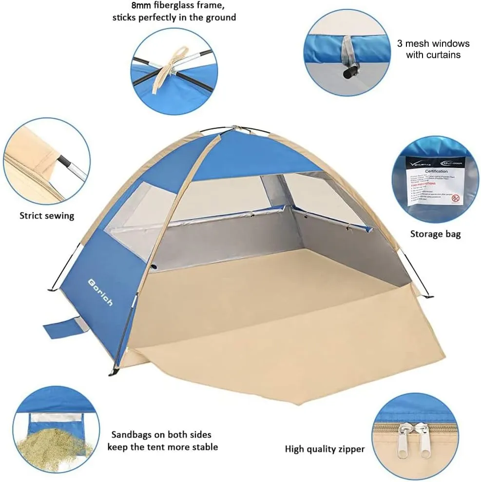 Gorich Beach Tent Sun Shelter for 3/4-5/6-7/8-10 Person with UPF 50 UV Protection, Lightweight & Easy Setup Beach Shade Canopy, Portable Beach Shade Tent Beach Cabana